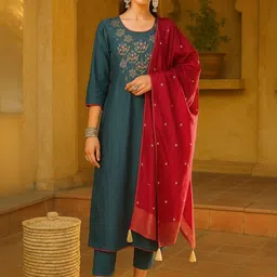 Tulsattva Women Ethnic Motifs Embroidered Regular Thread Work Chanderi Cotton Kurta with Trousers & With image 2