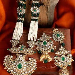 ANIKAS CREATION Gold-Plated Green & Off-White Kundan Studded Pearl Beaded Handcrafted Jewellery Set image 1