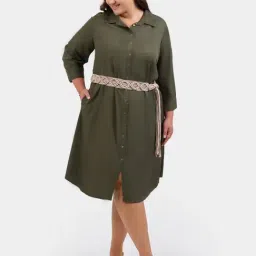 VIRGIO Olive Regular Fit Solid Dress-picture-24