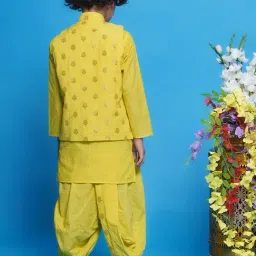 Little Bansi Boys Yellow Self Design Full Sleeves Kurta, Dhoti with Nehru Jacket image 2