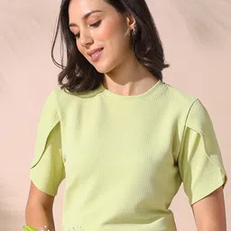 DL Woman Solid Textured Round Neck Half Petal Sleeves Top-image-84