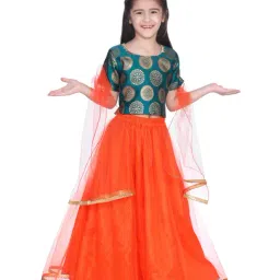 BownBee Kids Green & Orange Zari Work Lehenga Choli With Dupatta-image-27