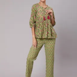 Jaipur Kurti Green Cotton Printed Tunic and Pyjama Set-image-0