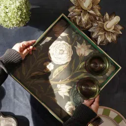 Pure Home and Living Green Leather Faux Leather And Glass Serving Tray-picture-34