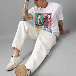 Free Authority White Loose Fit Demon Slayer Printed Crew T-Shirt image 5