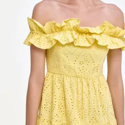 Cover Story Yellow Self Design Schiffli Skater Dress image 5