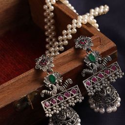 Anouk Women Pink & Green Oxidised Silver-Plated Floral Jhumkas Earrings-picture-46