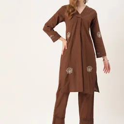 MISRI Women Floral Embroidered Regular Beaded Pure Cotton Kurta with Trousers-image-52