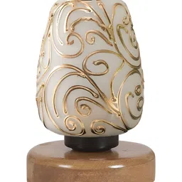 Aura White & Gold-Toned Textured Abstract Shaped Glass Table Lamp With Wooden Base image 3