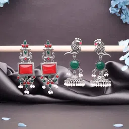 Sangria Set Of 2 Silver-Plated Artificial Stones Studded and Beads Beaded Drop Earrings-image-85