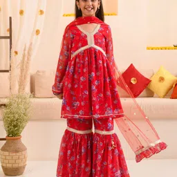 Pspeaches  Three Fourth Sleeves Floral Printed & Frill Detailed Lace Embellished Coordinating Sharara Set  - Red-picture-13
