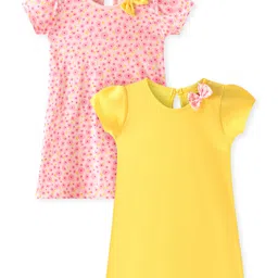 Babyhug Single Jersey Knit Half Sleeves Frock With Solid Color & Floral Print Pack of 2 - Yellow & Pink-picture-32