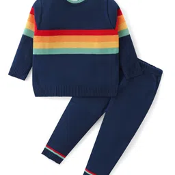 Babyhug Knitted Full Sleeves Striped Baby Sweater Set - Navy Blue-picture-20