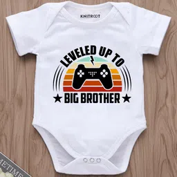 KNITROOT Half Sleeves Leveled Upto Big Bro Text Printed Onesie - White-picture-11