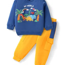 Babyhug Terry Knit Full Sleeves Dino Print T-Shirt & Color Block Lounge Pants -Blue Yellow-picture-10