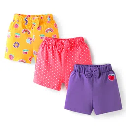 Babyhug Single Jersey Knit Shorts with Polka Dots Tropical Print & Bow Applique Pack of 3 - Pink & Purple-picture-12