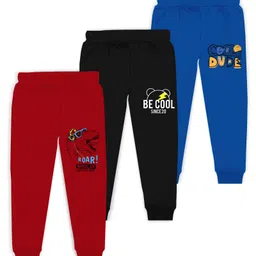 J&JP Cotton Looper Pack Of 3 Cool Dude Text & Dinosaur Printed Track Pants - Red Black & Blue-picture-27