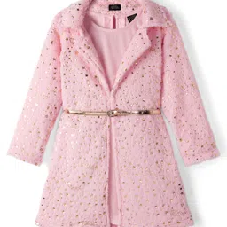 Hola Bonita Knit Full Sleeves Shimmer Fur Jacket with Inner Party Dress with Belt - Pink-picture-20