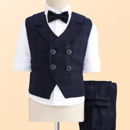 Rikidoos Full Sleeves Checked 3 Piece Party Suit With Bow Set - Navy Blue & White-picture-20