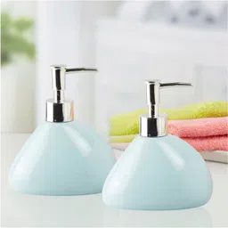Kookee Ceramic Soap Dispenser handwash Pump for Bathroom, Set of 2, Blue (9520)- 300 ml image 2