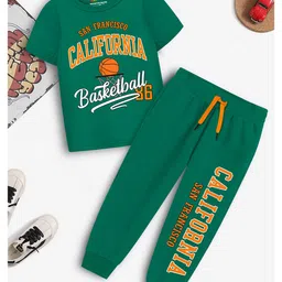 Trampoline Cotton Blend Half Sleeves Typography Printed Tee With Track Pants Set - Green image 3