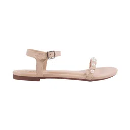 Shoetopia Pearl Embellished Summer Flat Sandals - Beige image 4