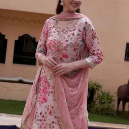 BANDIA Women Floral Printed Regular Mirror Work Kurta with Sharara & Dupatta image 2