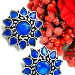Yash Jewels Emporiums Silver-Plated Artificial Stones Studded Floral Shape Oxidized Studs-picture-40