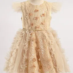 Mark & Mia Sleeveless Party Frock  with Floral Applique & Frill Detailing - Gold image 4