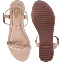 Shoetopia Pearl Embellished Summer Flat Sandals - Beige image 5
