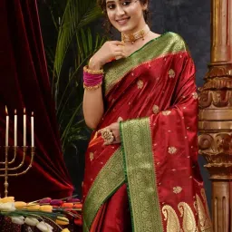 House Of Begum Maroon Banarasi Handloom Satin Silk Saree With Embroidery Work With Blouse Piece image 5