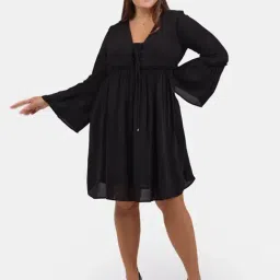 VIRGIO Black Flared Fit Solid Dress-picture-38