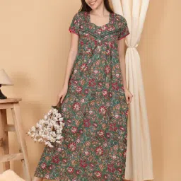 Sweet Dreams Green Cotton Floral Short sleeve Night Dress-picture-41