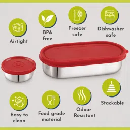 Magnus Easy Lock Deep Red Stainless Steel Container with Leakproof Lid - Set of 2 (100 ml, 780 ml) image 5
