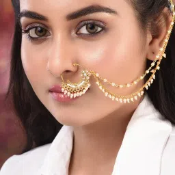 Saraf Rs Jewellery Gold Toned White Pearl Beaded Designer Nath Nose Ring With Chain image 5