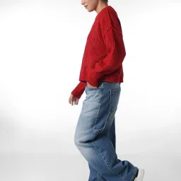 Only Red Blended Woven Design Pullover image 5