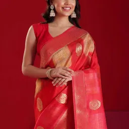 Libas Art Red Woven Saree With Unstitched Blouse image 5