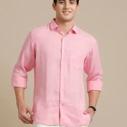 Linen Club Pink Regular Fit Linen Shirt-image-0