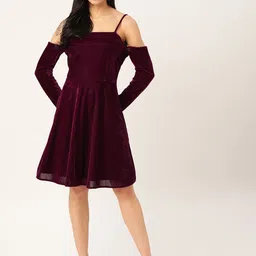 DODO & MOA Women Burgundy Velvet Finish Solid Fit and Flare Dress-image-33