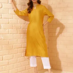 Fabindia Mustard Silk Viscose Regular Fit Solid Kurta-picture-25