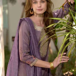 MOJILAA Women Floral Embroidered Regular Sequinned Kurta with Trousers & With Dupatta image 5