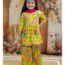 KID1 Three Fourth Sleeves Gota Lace Embellished Floral Printed Coordinating Kurta Sharara With Dupatta - Yellow-picture-13