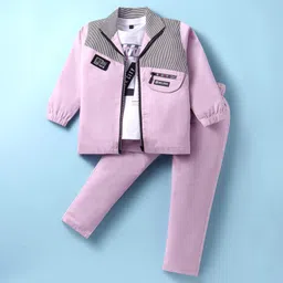 Rikidoos Full Sleeves Striped Jacket With Typography Printed Tee & Pant - Purple & White-picture-16