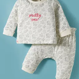 Ollypop Interlock Knit Full Sleeves T-Shirt and Lounge Pant Set With Pretty One Text Print - Cream image 1