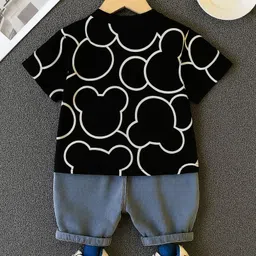 Googo Gaaga Cotton Half Sleeves Teddy Bears Printed Tee & Distressed Shorts Set - Black image 3