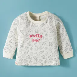 Ollypop Interlock Knit Full Sleeves T-Shirt and Lounge Pant Set With Pretty One Text Print - Cream image 2