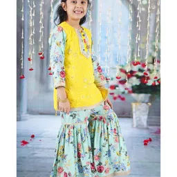 Little Bansi Full Sleeves Floral Printed & Embroidered Kurta Sharara With Dupatta - Yellow & Green image 4