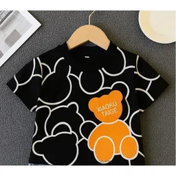 Googo Gaaga Cotton Half Sleeves Teddy Bears Printed Tee & Distressed Shorts Set - Black image 4