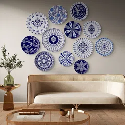nestroots White & Navy Blue Floral Printed Ceramic Wall Plate-picture-39