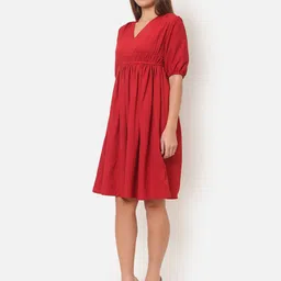 ROSEMELON Women V-Neck Puff Sleeve Fit & Flare Dress image 2